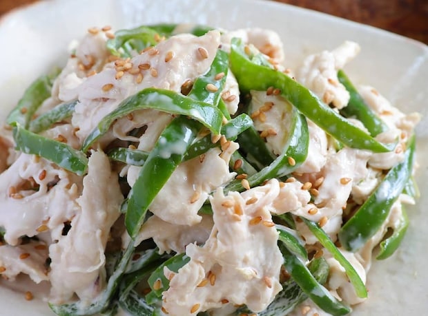 ほぐしササミとピーマンのごまポン和え