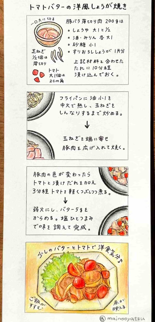 4コマレシピ　トマトバターの洋風しょうが焼き　まいのおやつ