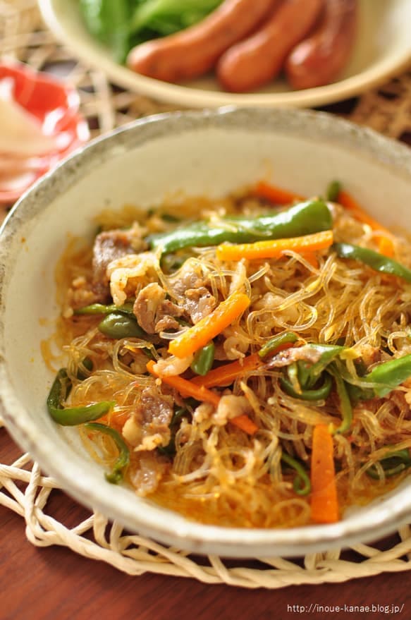 牛小間とピーマンの辛チャプチェ