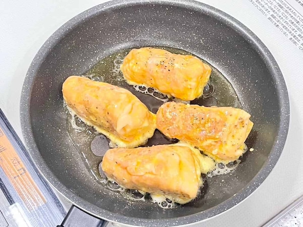 たけのこチーズの豚肉巻きピカタ