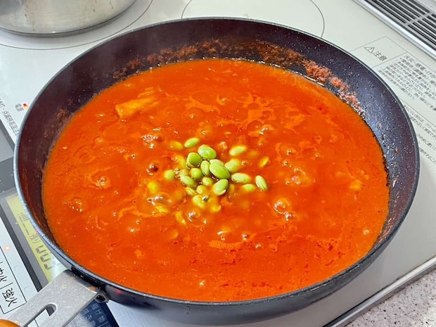 枝豆と鶏肉のトマト煮パスタ