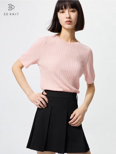 3Dメリノリブクルーネックセーター/5分袖