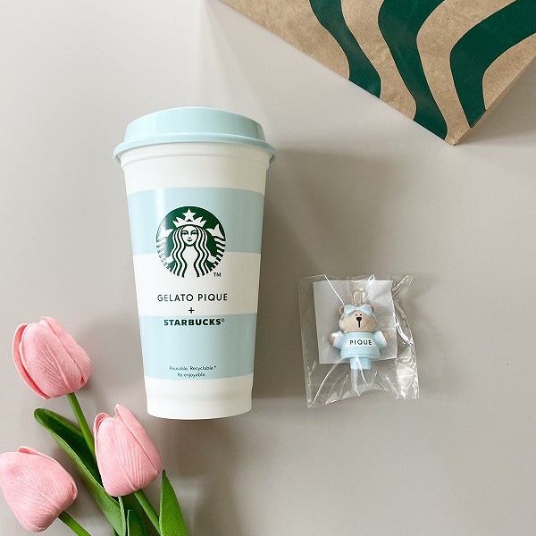 gelato pique ボーダーリユーザブルカップ ミントグリーン 473ml+ベアリスタキャップ