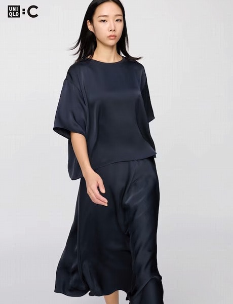 サテンオーバーサイズショートブラウス/5分袖