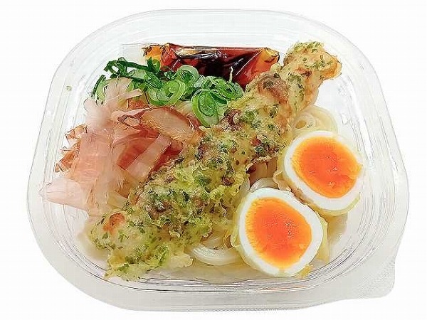 ちくわ磯辺天半熟玉子天の冷しぶっかけうどん