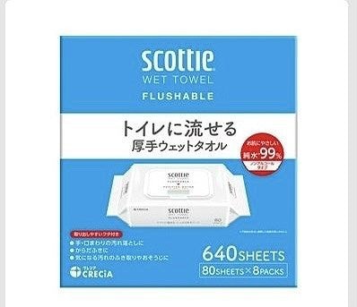 scottie　トイレに流せる　厚手ウェットタオル　ノンアルコールタイプ　80枚×8パック