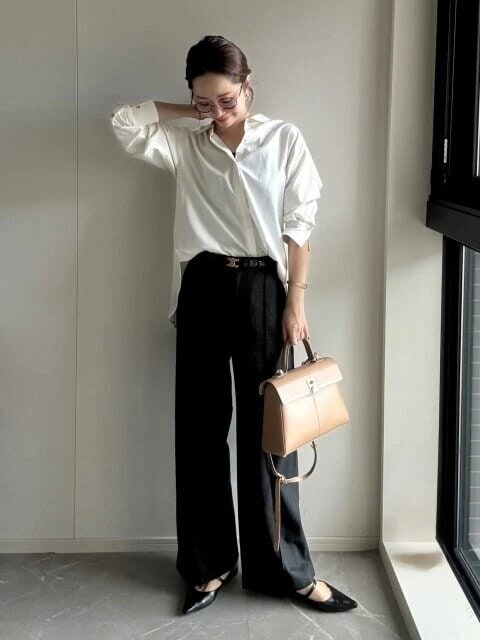 ユニクロブラッシュドジャージーワイドパンツ白シャツハンサムコーデ