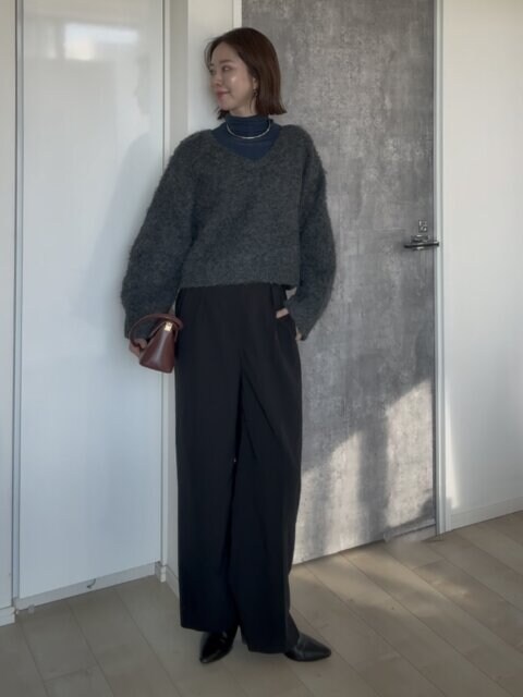 PLSTシアーリブタートルネックセーターのニットコーデ　全身