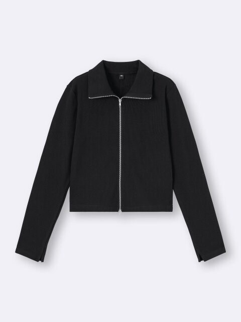 リブダブルジップカーディガン 2025gu大人女性おすすめ黒リブダブルジップカーディガン