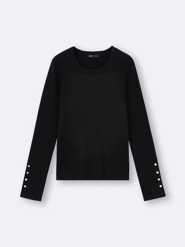 2025guレディース黒リブニットボタンスリーブプルオーバー