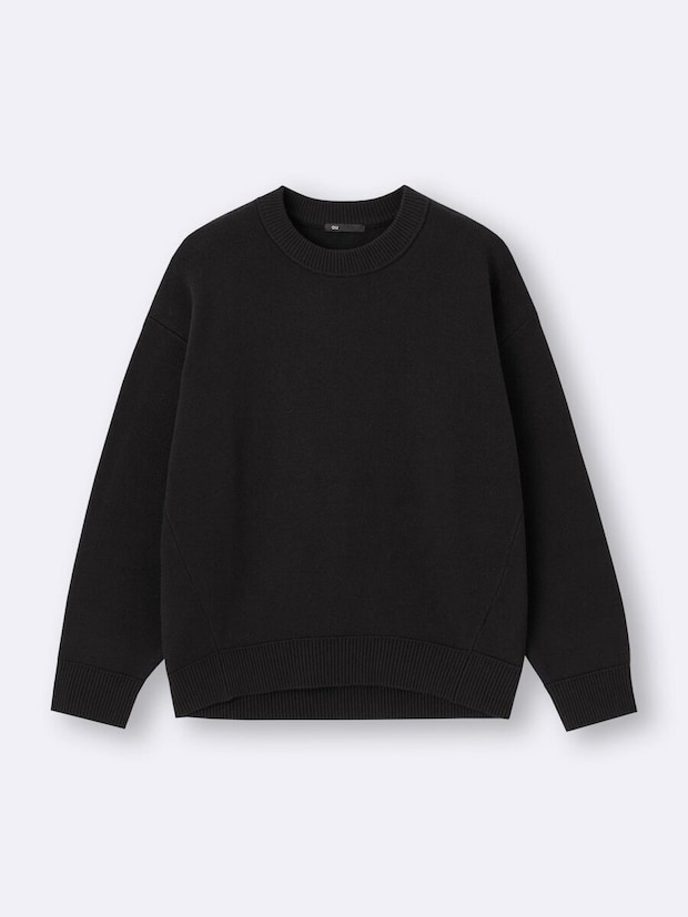 2025guレディース黒スウェットライクニットオーバーサイズプルオーバー