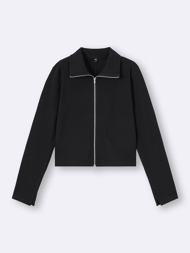 2025guレディース黒リブダブルジップカーディガン