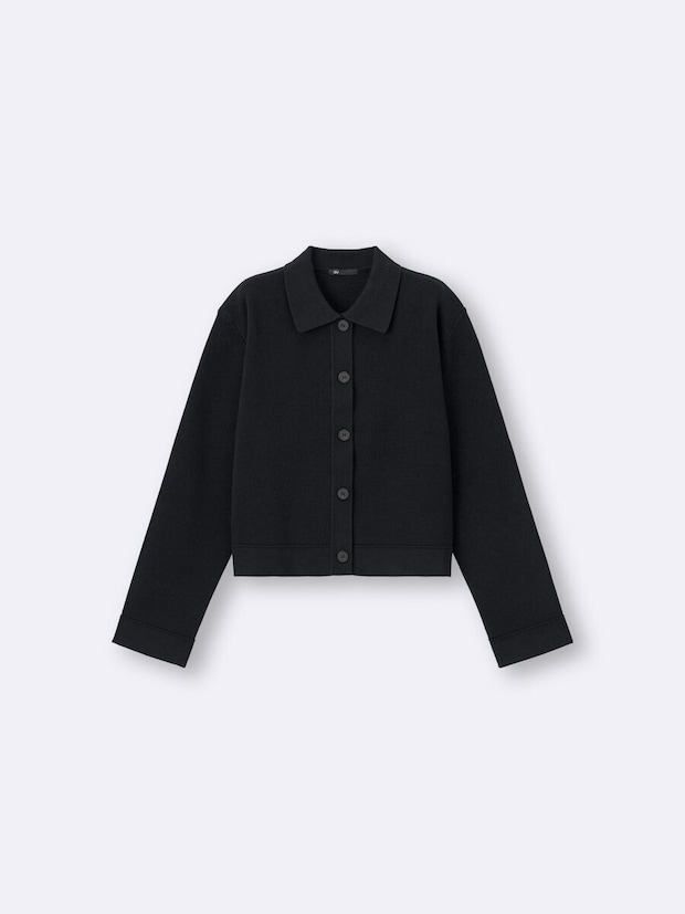 2025guレディース黒ミラノリブポロカーディガン