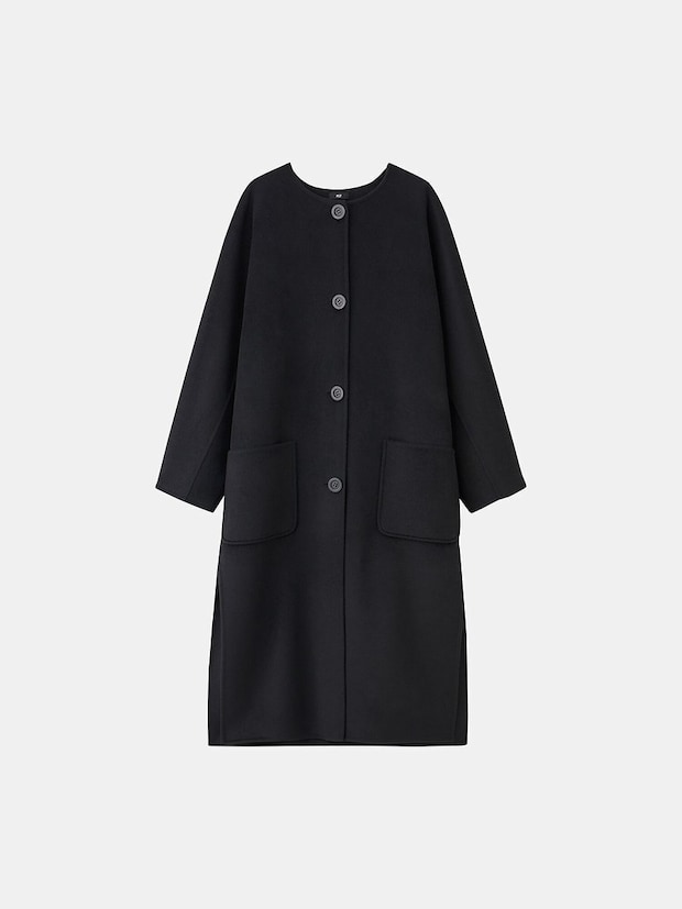 PLSTのウールブレンドリバーカラーレスロングコート