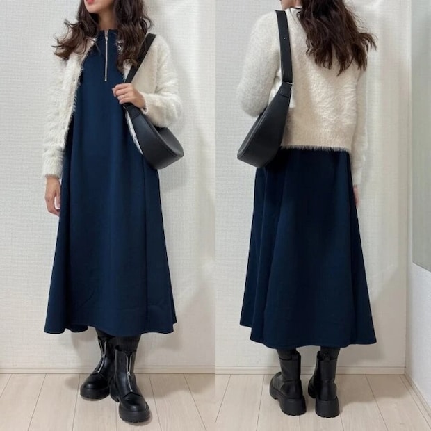 guシャイニークルーネックカーディガン着回しワンピースコーデ