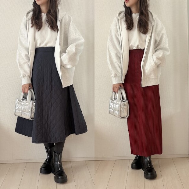 GUヘビーウェイトスウェットフルジップパーカ GUヘビーウェイトスウェットフルジップパーカとスカートのNG&OKコーデ