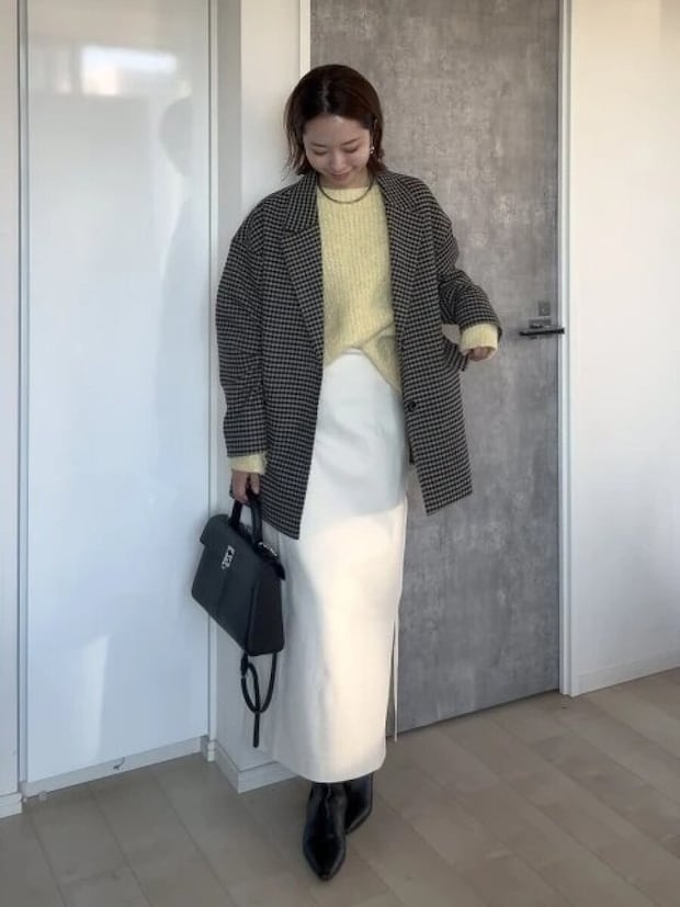 gu大人女性おすすめコージーメルトンチェックハーフコートお手本コーデ