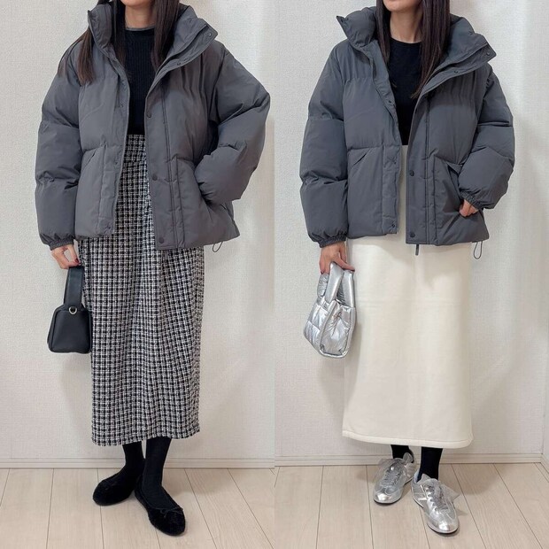 GUウォームパデッドスタンドブルゾンのツイードスカートNGコーデ