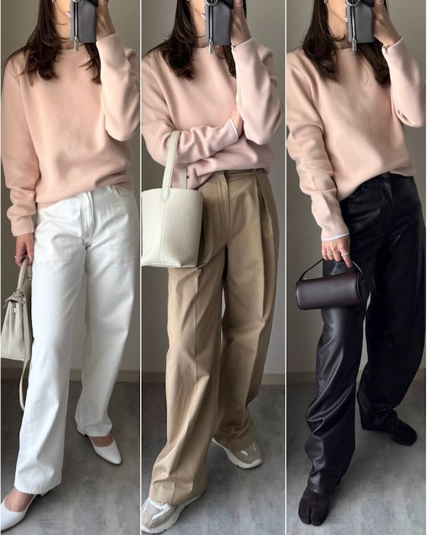 ユニクロのウォッシャブルミラノリブクルーネックセーターのコーデ1