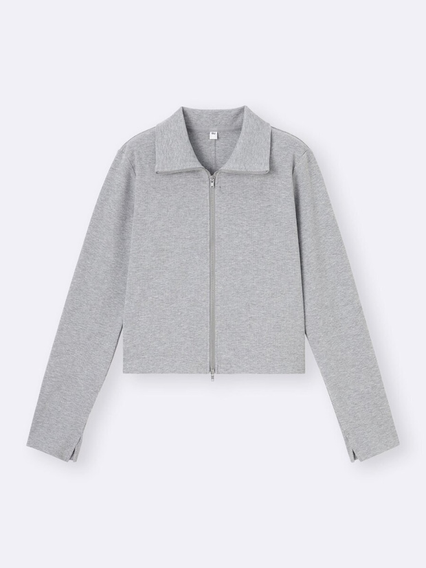 2026guレディースグレーリブダブルジップカーディガン