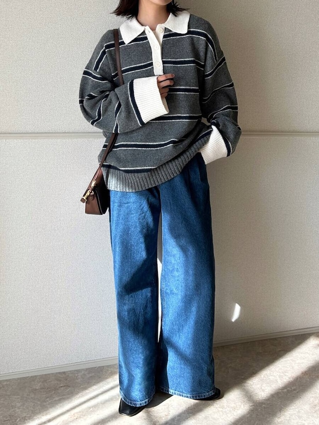 GUデニムタックトラウザー GUデニムタックトラウザーとゆるニットコーデ