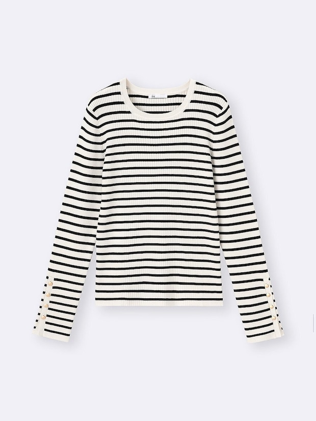 GU リブニットボーダーボタンスリーブプルオーバー GUのリブニットボーダーボタンスリーブプルオーバー