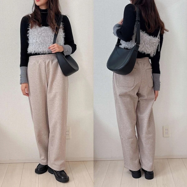 ユニクロスウェットワイドパンツベージュ着回しコーデ