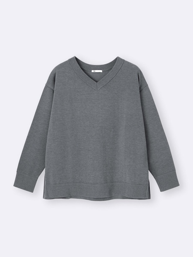 オーバーサイズVネックニットプルオーバー 2026gu大人女性おすすめグレーオーバーサイズVネックニットプルオーバー