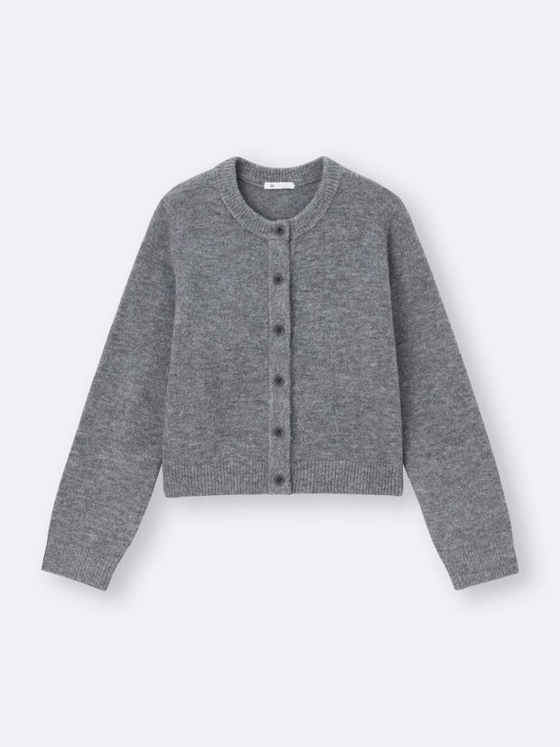 パフニットクルーネックカーディガン 2026gu大人女性おすすめグレーパフニットクルーネックカーディガン