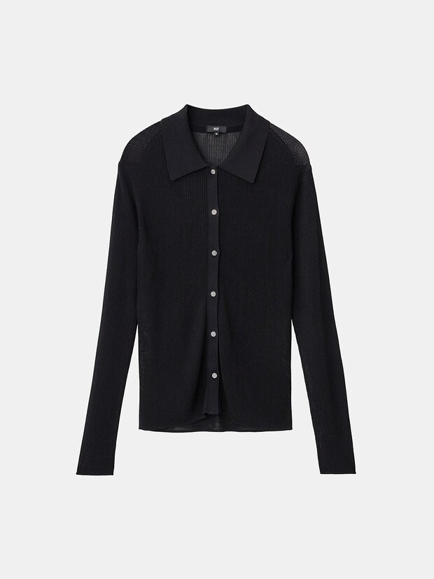 PLST レーヨンブレンドシアーポロカーディガン PLSTのレーヨンブレンドシアーポロカーディガン