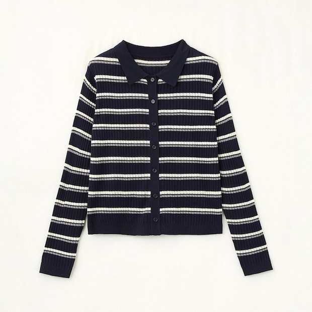 しまむらのマルチボーダーリブニットカーディガン（田中里奈）