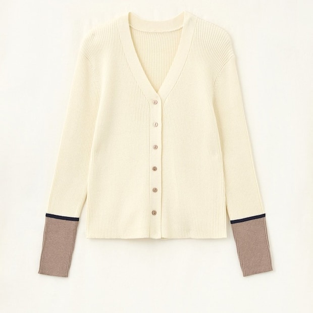 しまむらの配色リブニットカーディガン（田中里奈）