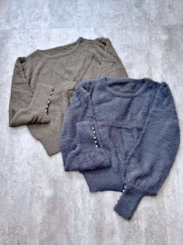 coca袖パールシャギーニットトップス