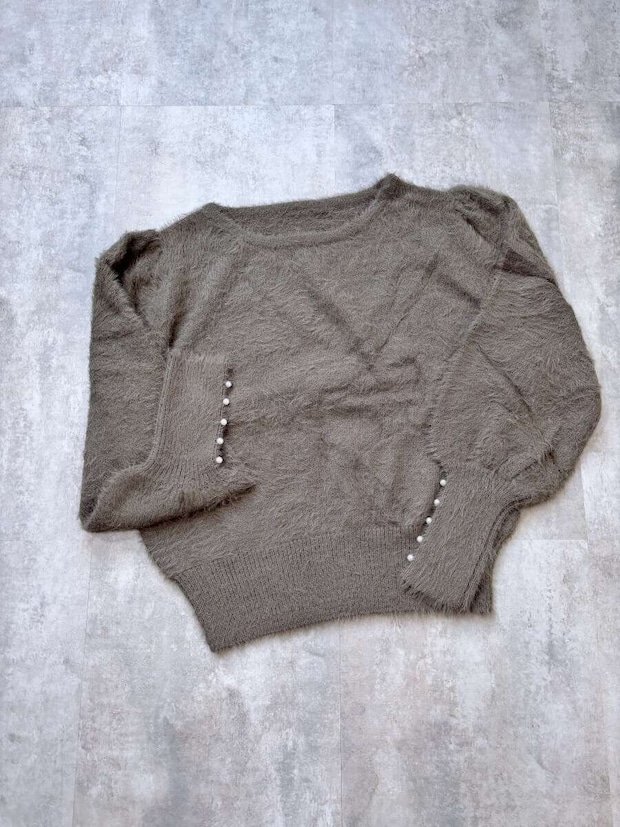 coca袖パールシャギーニットトップス　グレージュ