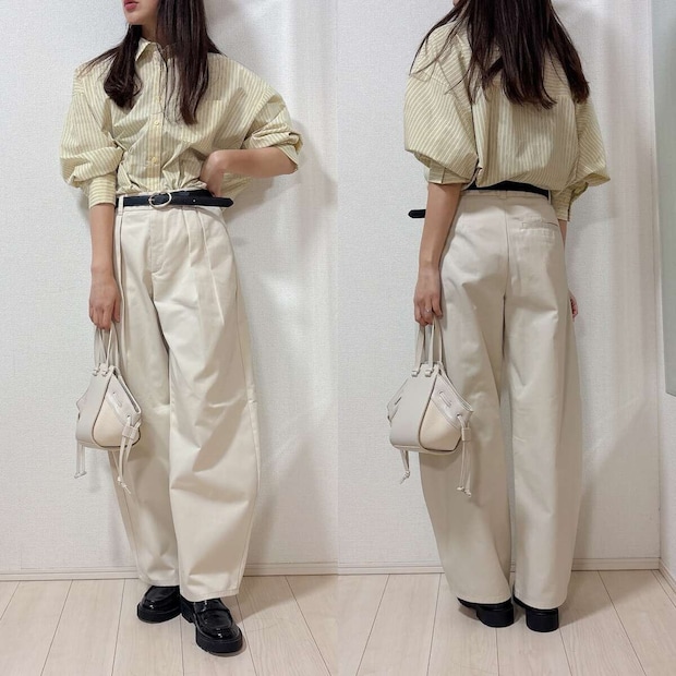 GUチノタックバレルパンツとストライプシャツコーデ