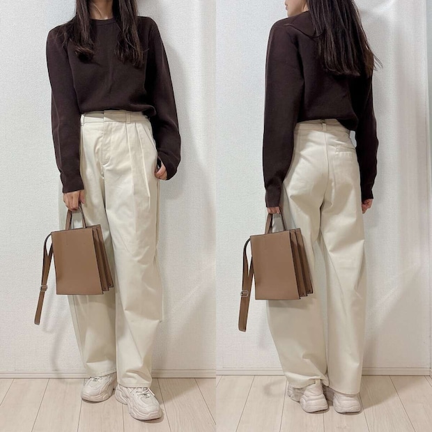GUチノタックバレルパンツとブラウンニットコーデ