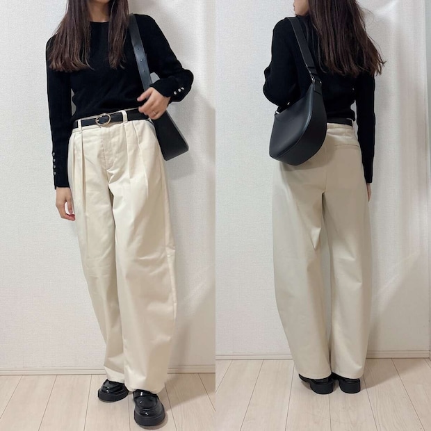 GUチノタックバレルパンツとブラックリブニットコーデ