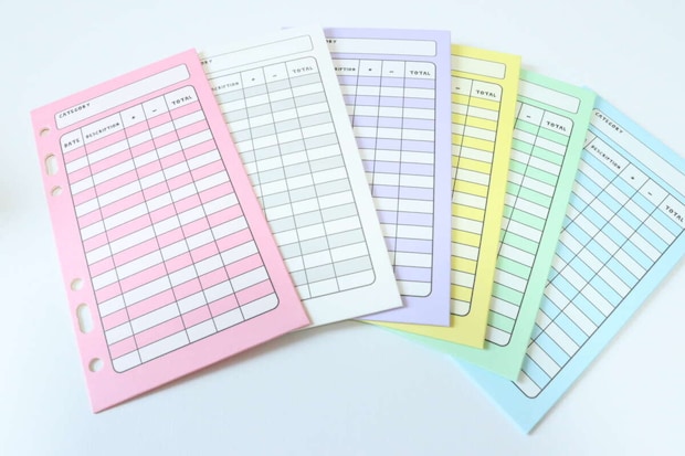 ダイソーの現金管理用封筒（バインダーサイズ、カラー、6枚）のビジュアル