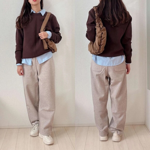ユニクロスウェットワイドパンツベージュ着回しレイヤードコーデ