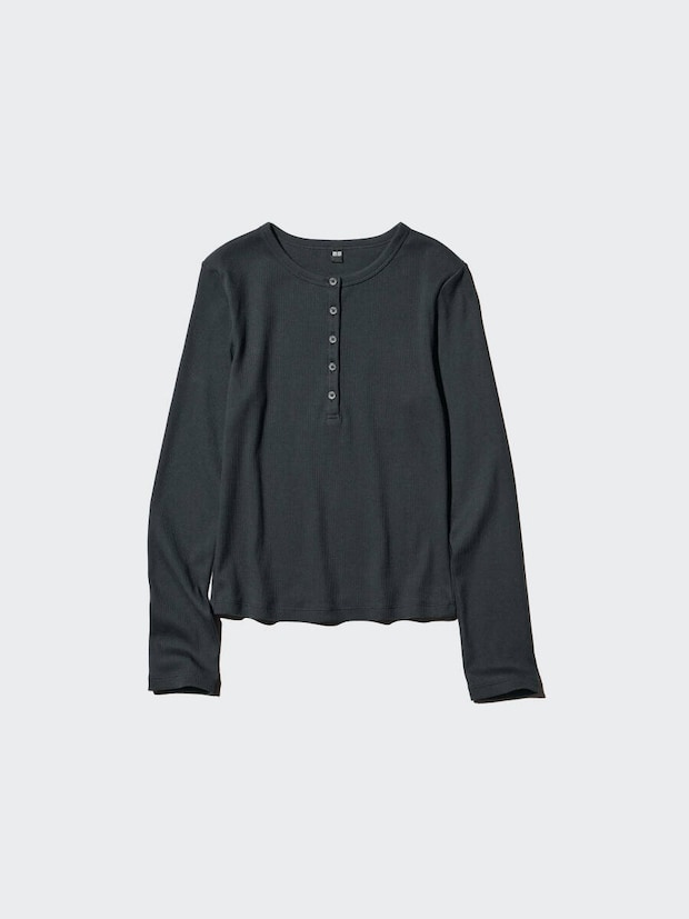 2026春ユニクロ大人女性おすすめ黒リブヘンリーネックT