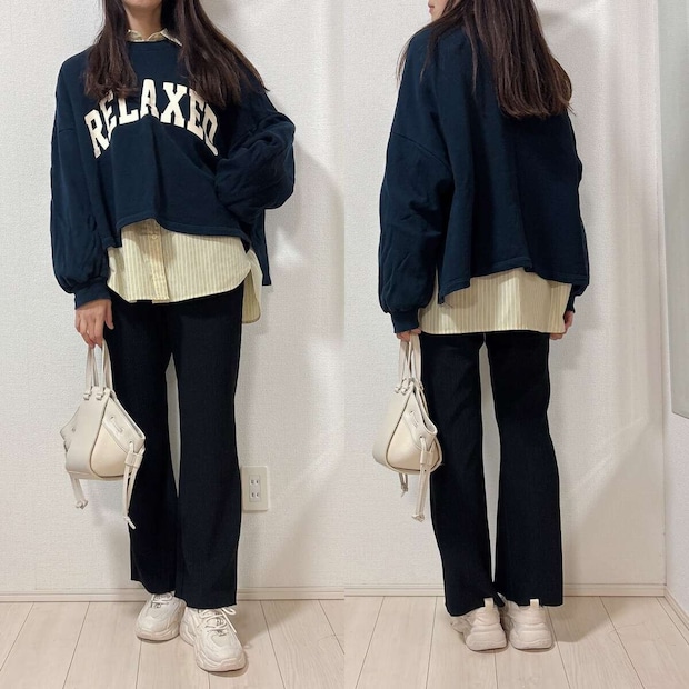 GUドルマンスリーブストライプシャツ GUドルマンスリーブストライプシャツのスウェットレイヤードコーデ