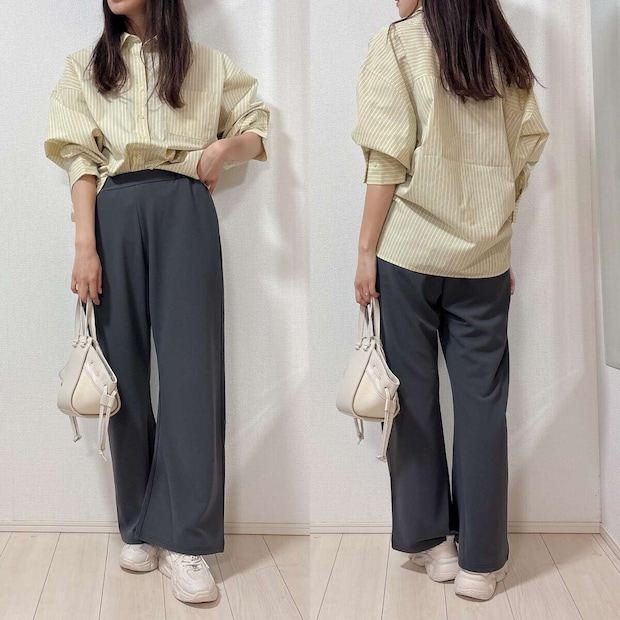 GUドルマンスリーブストライプシャツ GUドルマンスリーブストライプシャツとスラックスコーデ