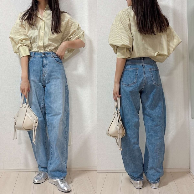 GUドルマンスリーブストライプシャツとデニムコーデ