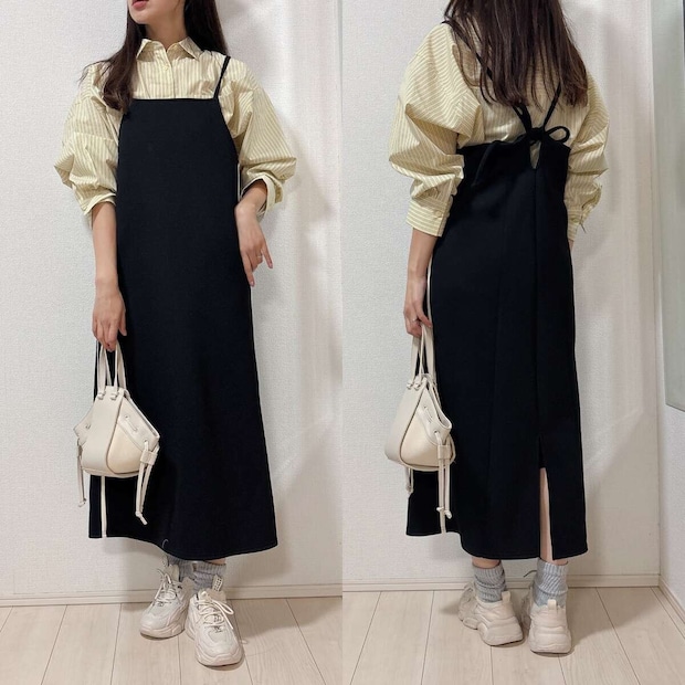 GUドルマンスリーブストライプシャツとワンピースコーデ