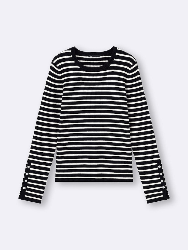 GUのリブニットボーダーボタンスリーブプルオーバー