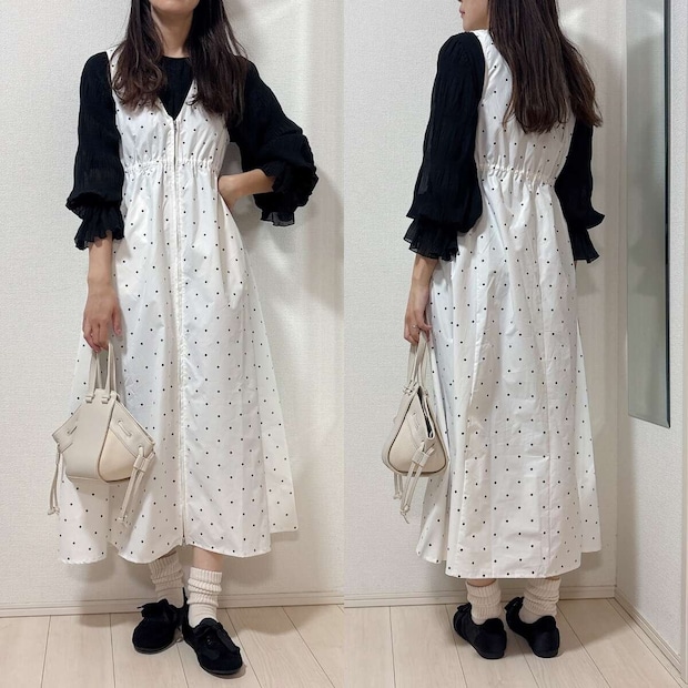 GUギャザーバレエスニーカー GUギャザーバレエスニーカーとドット柄ワンピースコーデ