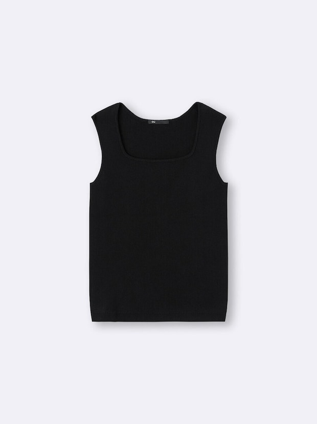 2026gu春黒リブニットスクエアネックタンクトップ