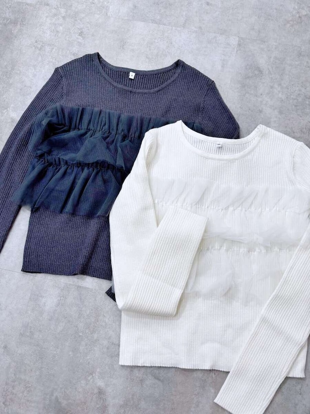 cocaチュールドッキングリブニット cocaチュールドッキングリブニット チャコール&アイボリー