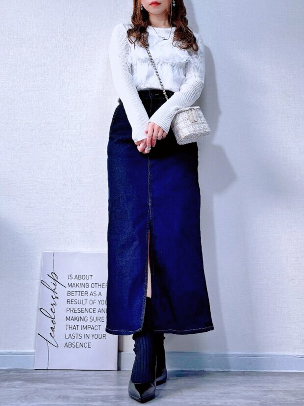 cocaチュールドッキングリブニット cocaチュールドッキングリブニットとデニムスカートコーデ