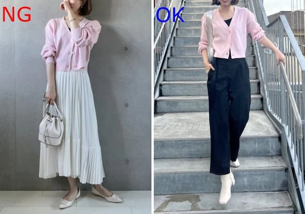 ピンクカーディガンNG&OKコーデ 大人女性ピンクカーディガンNG&OKコーデ